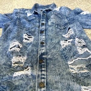 Thrill Jeans Shirt 2XL Buttoned Destroyed Distressed Blue Washed Denim Shirt